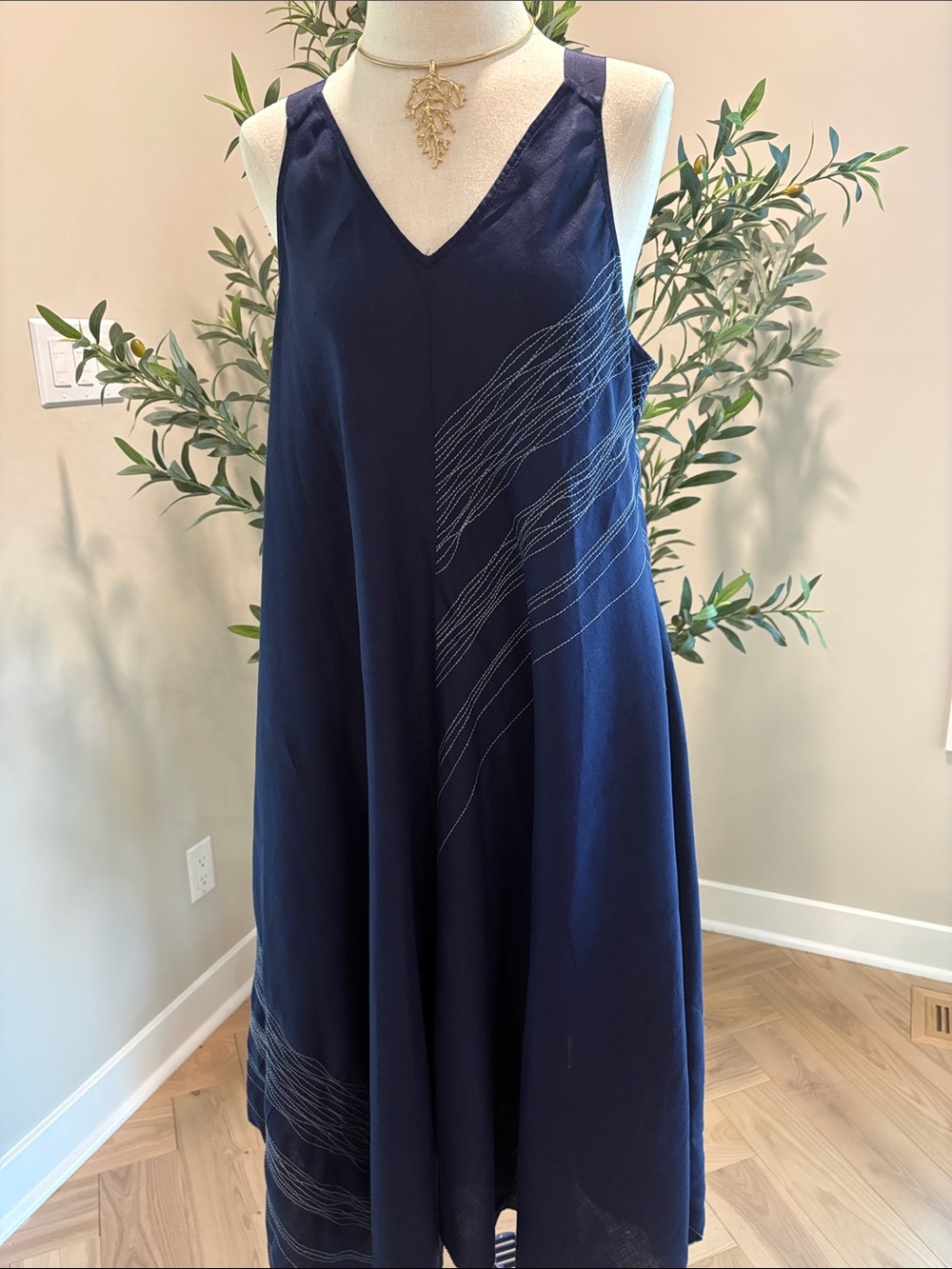 Eileen Fisher Navy V-Neck Sleeveless A-Line Dress size L NWOT